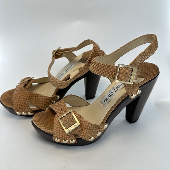 JIMMY CHOO Leather Snake Embossed Tan and Brown Wood High Heels. Size 38 US 8 - Picture 10 of 15